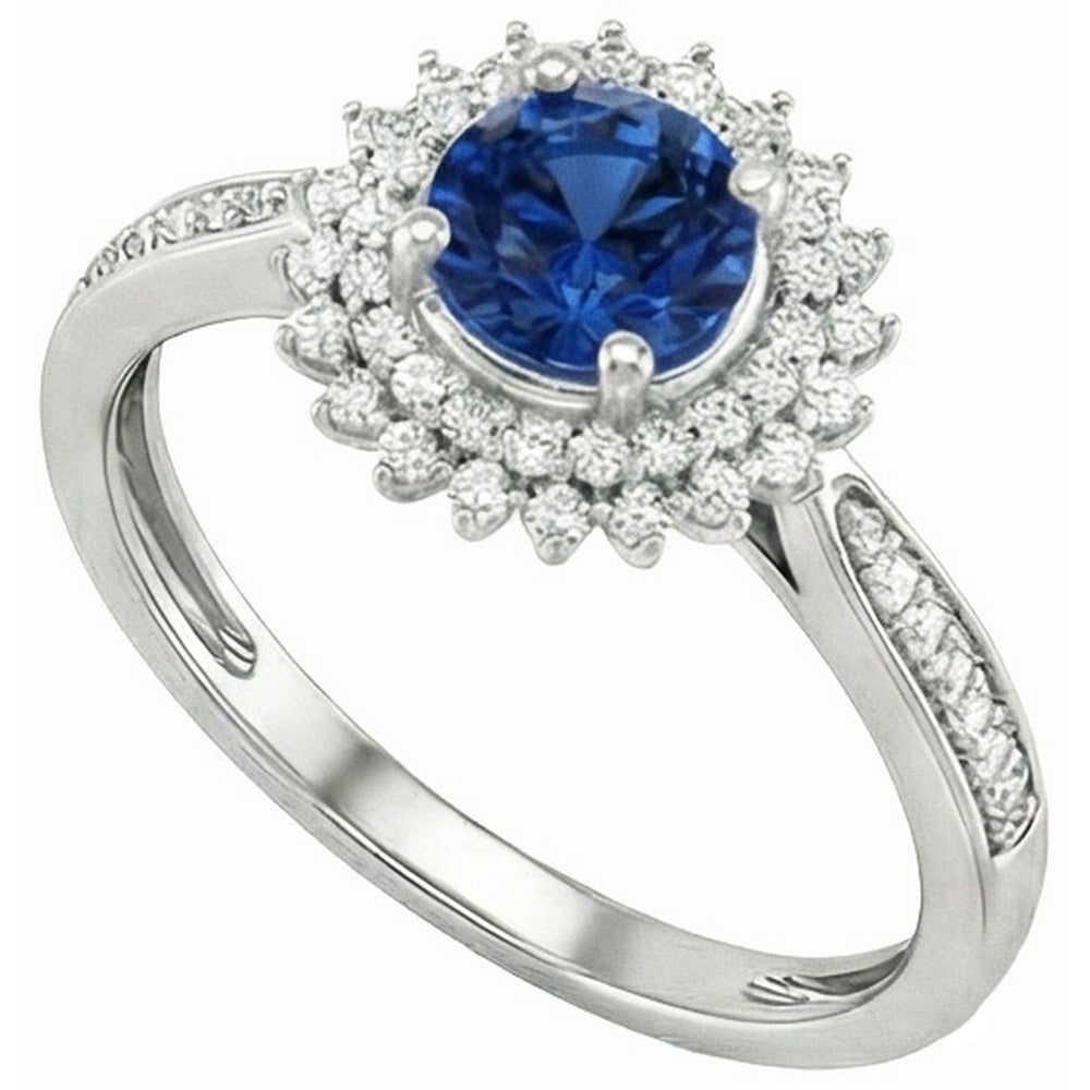 Anello con zaffiro blu Ceylon tondo da 3,10 carati e diamanti WG in oro bianco 14K
