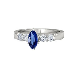 Anello con zaffiro blu Marquise e gioielli tondi da 1,50 carati e oro bianco 14K