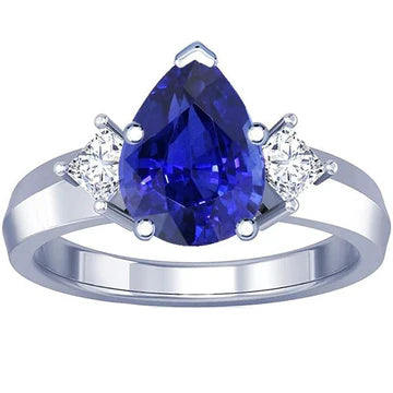 Anello con zaffiro blu a forma di pera 3 carati e diamanti princess 3 pietre in oro 14K