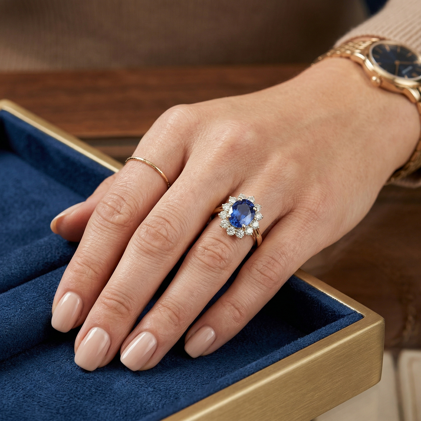 Anello con zaffiro blu dello Sri Lanka a taglio rotondo 3 carati e diamanti in oro bianco 14K