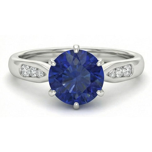 Anello con zaffiro blu di Ceylon da 1,80 carati con diamanti in oro bianco 14