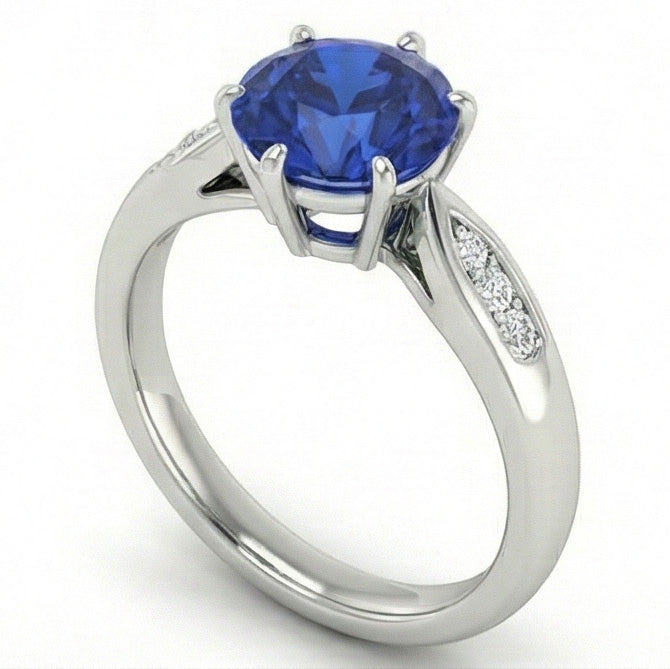 Anello con zaffiro blu di Ceylon da 1,80 carati con diamanti in oro bianco 14