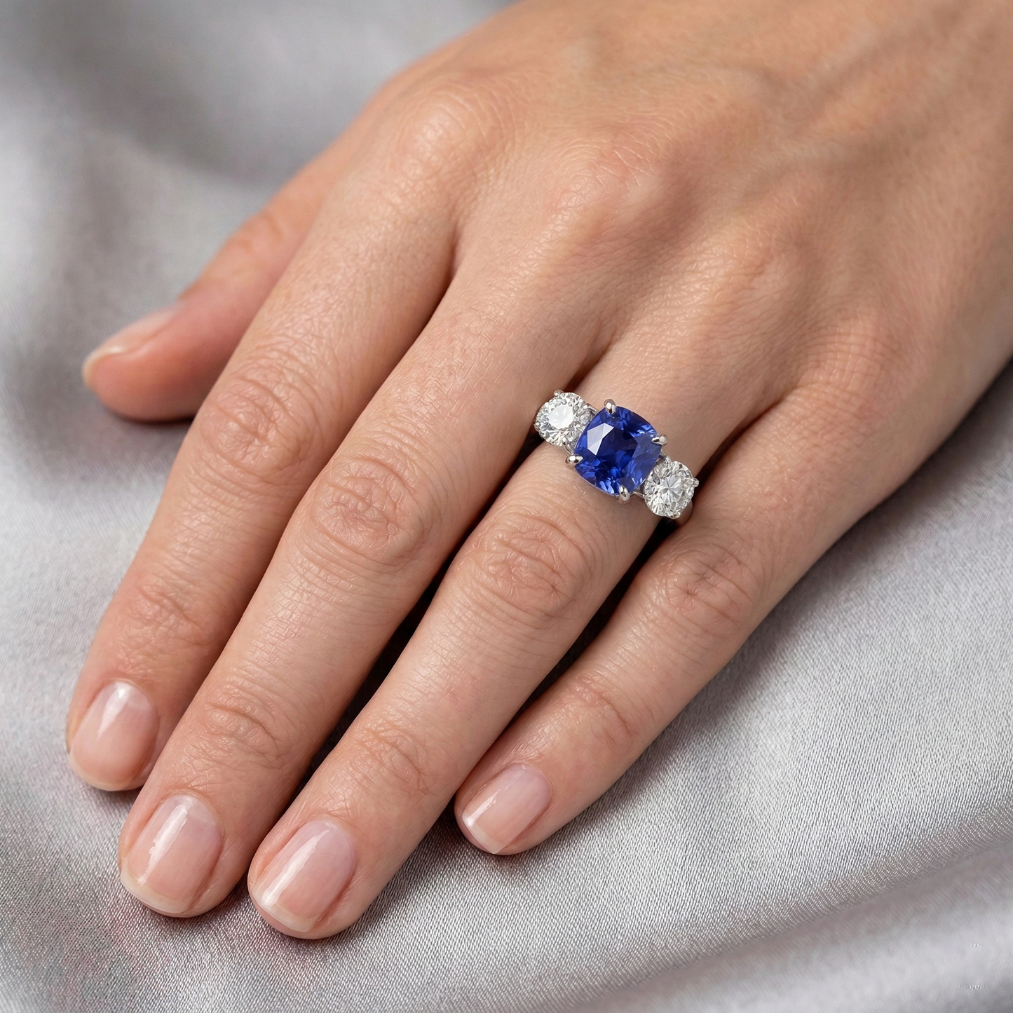 Anello con zaffiro blu e diamante rotondo 3.50 carati 3 gioielli in stile pietra