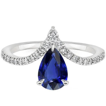 Anello con zaffiro blu pera rinforzato da 4,50 carati e diamante rotondo in oro bianco 14K