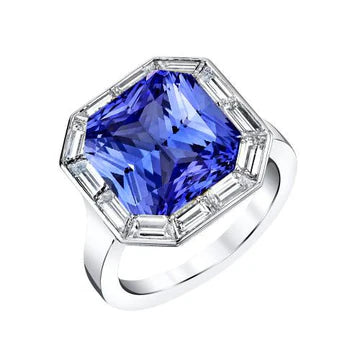 Anello con zaffiro blu raggiante con diamante baguette Halo 3.50 carati in oro 14K