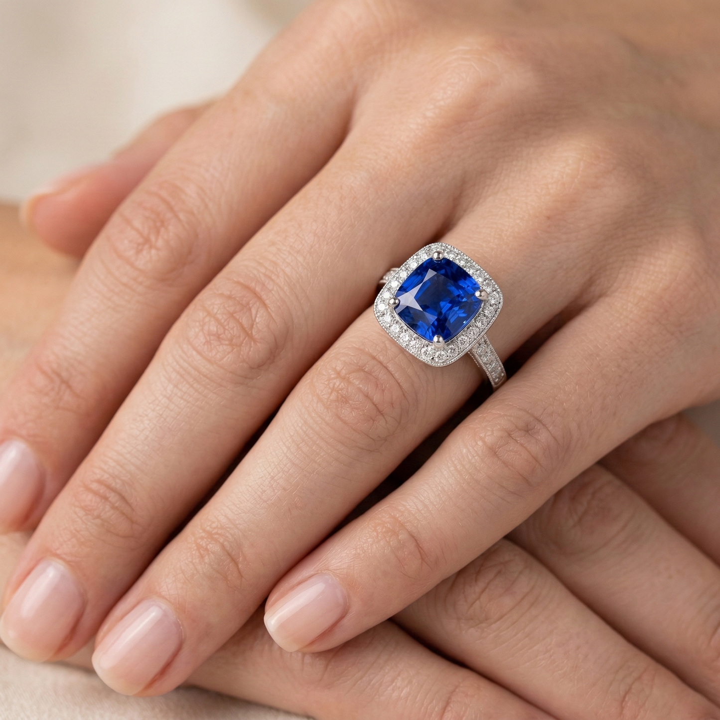 Anello con zaffiro blu zaffiro di Ceylon 4,50 carati e diamante in oro bianco 14K