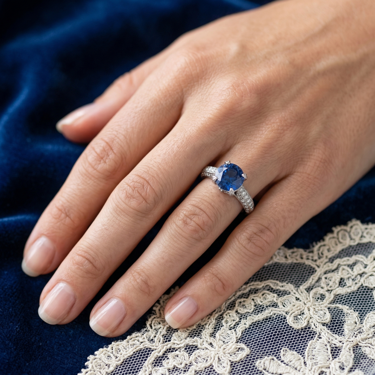 Anello con zaffiro dello Sri Lanka da 4,50 carati e diamanti taglio rotondo