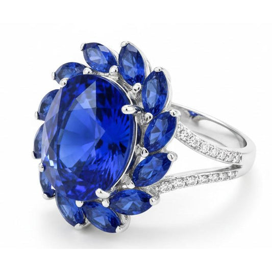 Anello con zaffiro dello Sri Lanka ovale e marquise da 10,50 carati in oro bianco 14K