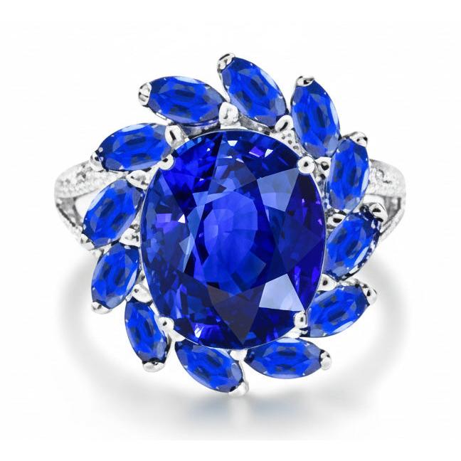 Anello con zaffiro dello Sri Lanka ovale e marquise da 10,50 carati in oro bianco 14K