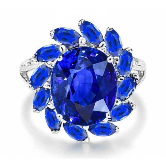 Anello con zaffiro dello Sri Lanka ovale e marquise da 10,50 carati in oro bianco 14K