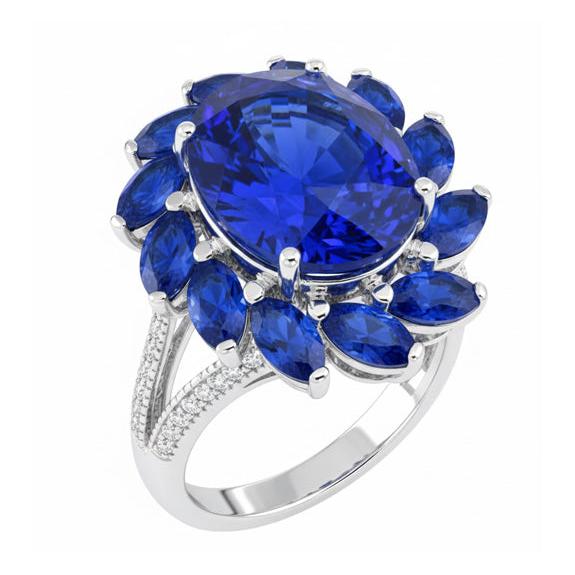 Anello con zaffiro dello Sri Lanka ovale e marquise da 10,50 carati in oro bianco 14K