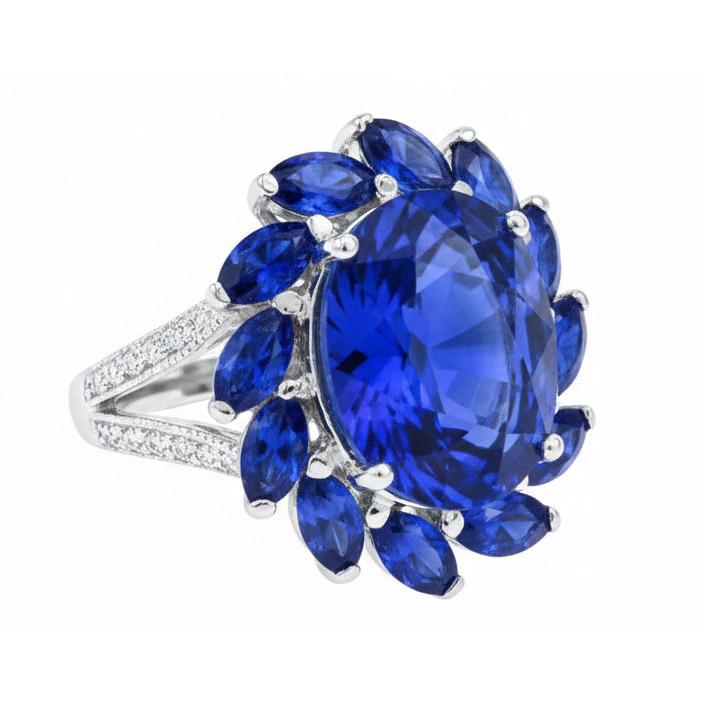 Anello con zaffiro dello Sri Lanka ovale e marquise da 10,50 carati in oro bianco 14K
