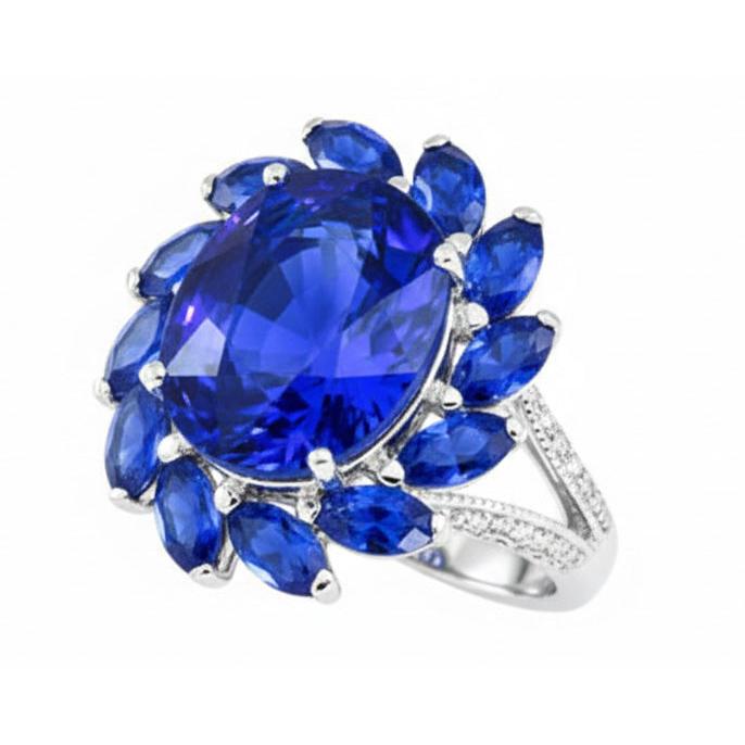Anello con zaffiro dello Sri Lanka ovale e marquise da 10,50 carati in oro bianco 14K