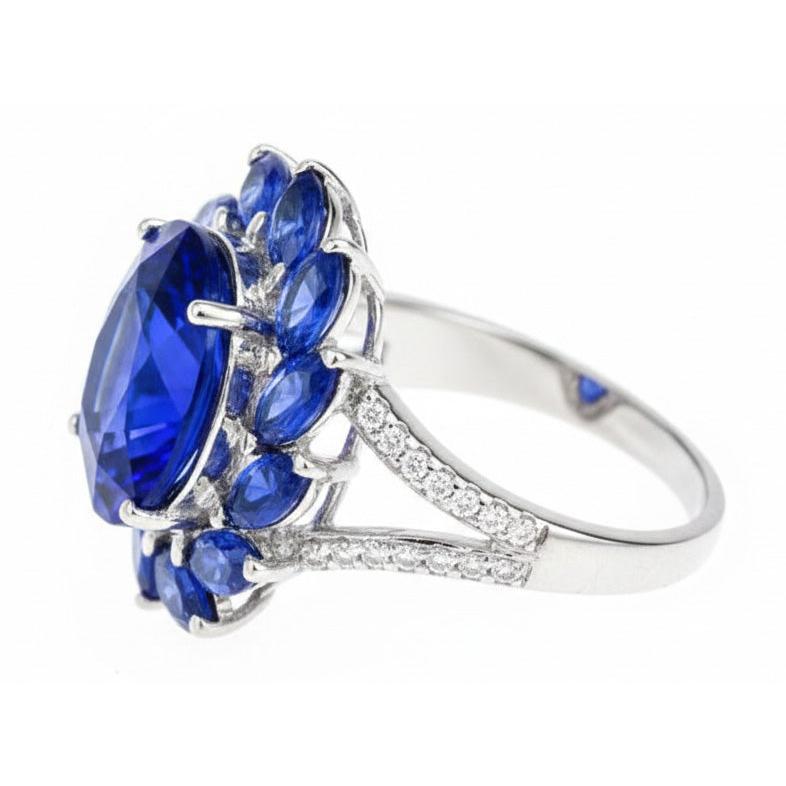 Anello con zaffiro dello Sri Lanka ovale e marquise da 10,50 carati in oro bianco 14K