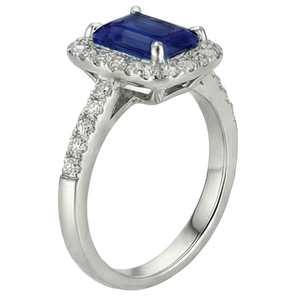 Anello con zaffiro dello Sri Lanka taglio smeraldo e diamanti, oro bianco 3 ct 14K