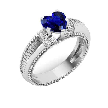 Anello con zaffiro di Ceylon e diamante. cuore tagliato. Stelo Milgrain da 2 carati con oro bianco 14K