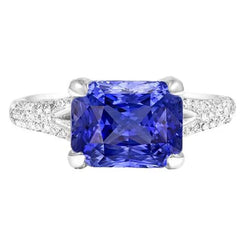 Anello con zaffiro radioso 4 carati e pavé di gioielli con diamante a gambo diviso in 14K