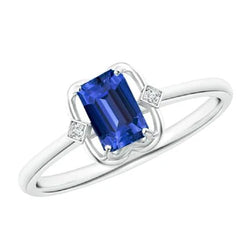 Anello con zaffiro smeraldo da 1,75 carati, diamanti tondi, castone con 3 pietre in oro bianco 14k