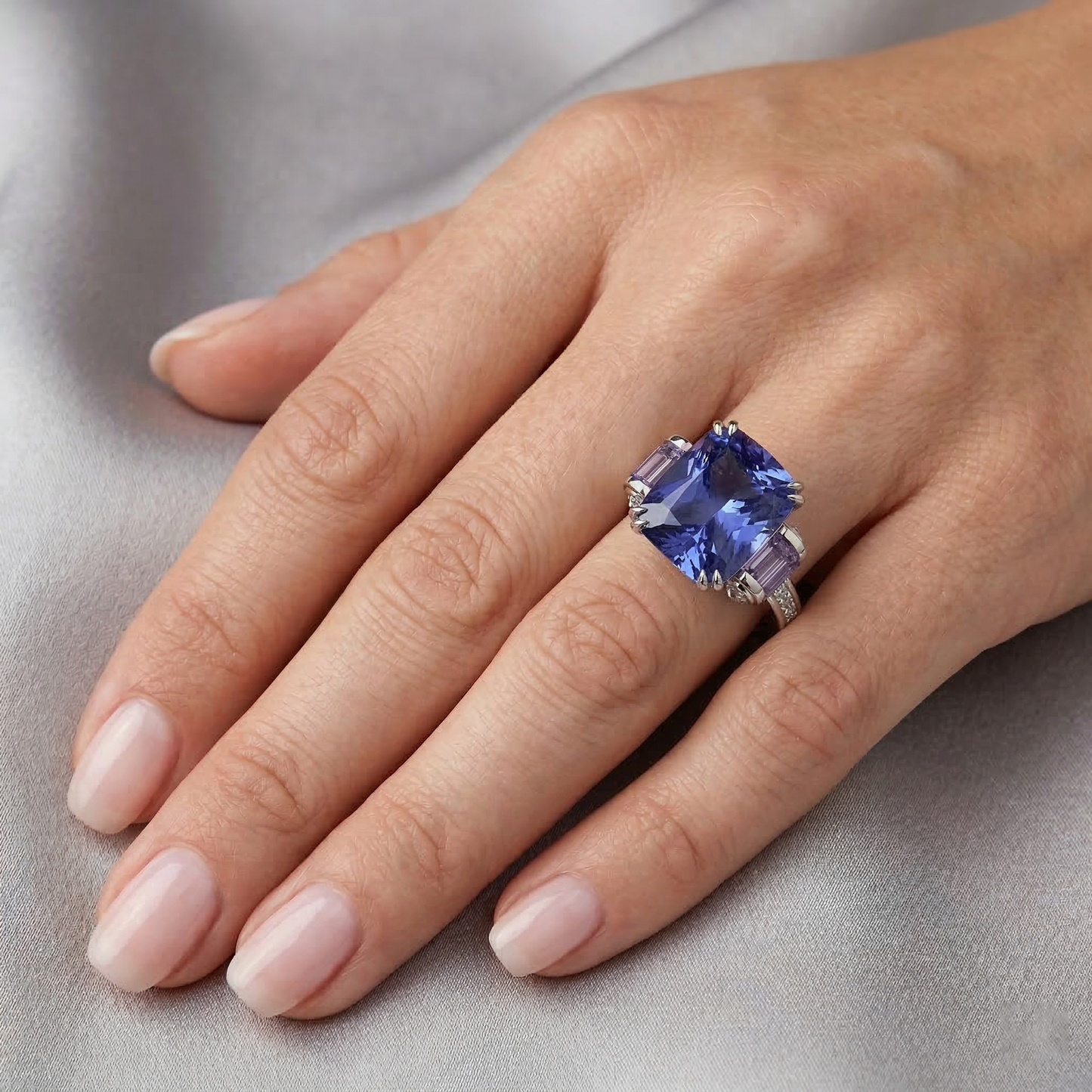 Anello da 8 carati con zaffiro dello Sri Lanka. ametista e diamanti 14K gioielli