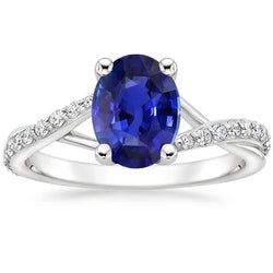 Anello da donna 3 carati Oval Ceylon zaffiro e diamanti pietre preziose in oro bianco 14K