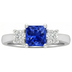 Anello da donna con diamanti tondi. 1,25 carati. Zaffiro di Ceylon. Montatura a U e oro bianco 14K