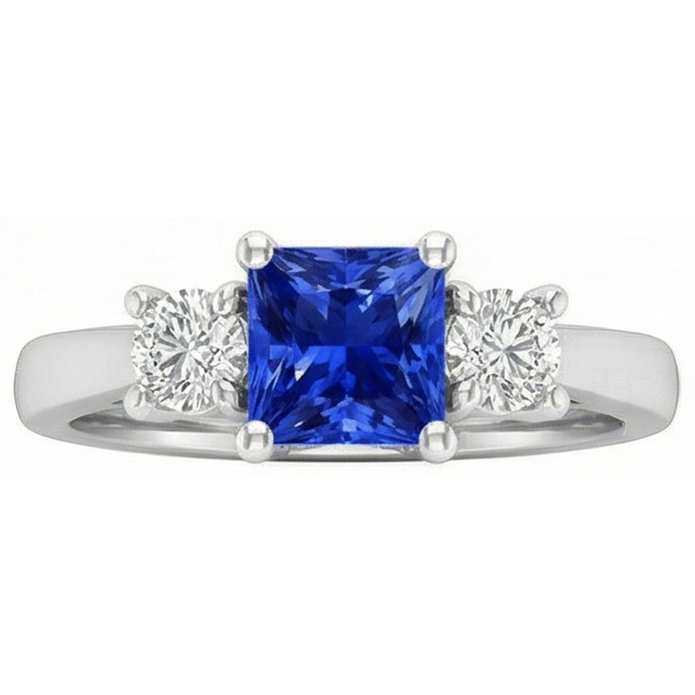 Anello da donna con diamanti tondi. 1,25 carati. Zaffiro di Ceylon. Montatura a U e oro bianco 14K