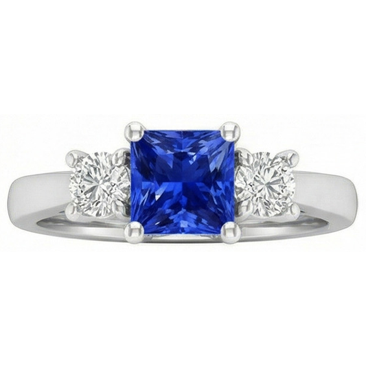Anello da donna con diamanti tondi. 1,25 carati. Zaffiro di Ceylon. Montatura a U e oro bianco 14K