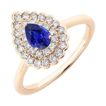 Anello da donna con doppio alone. Pera. zaffiro blu e diamanti da 3,50 carati con oro bianco 14K