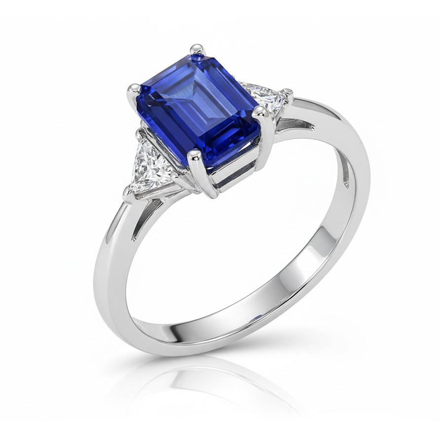 Anello da donna con tre diamanti e smeraldo. zaffiro dello Sri Lanka. 7 carati