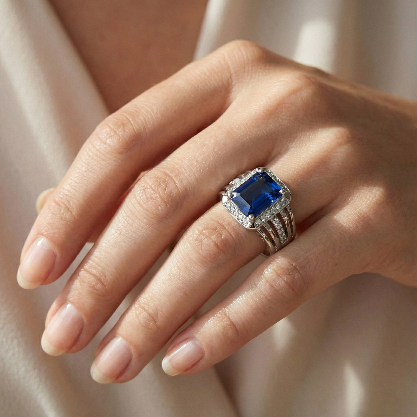 Anello da uomo con diamante zaffiro blu taglio smeraldo con accenti 3.50 carati
