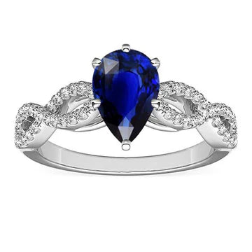 Anello di Fidanzamento con Blu Zaffiro 3 Carati e Diamante Pera in oro bianco 14K