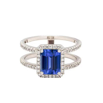 Anello di fidanzamento 3 carati Ceylon Halo Sapphire Diamond in oro bianco 14K