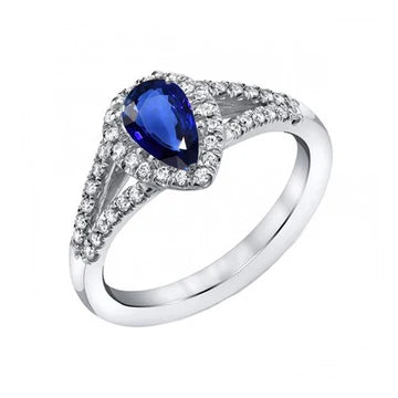 Anello di fidanzamento Halo 3.50 carati Blue Sapphire Diamanti con gambo diviso in oro bianco 14K