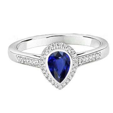 Anello di fidanzamento Halo Sapphire Blue Pear con accenti di 2,50 carati e oro bianco 14K