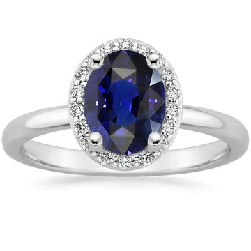 Anello di fidanzamento Halo con zaffiro blu 4 carati e diamante in oro bianco 14K