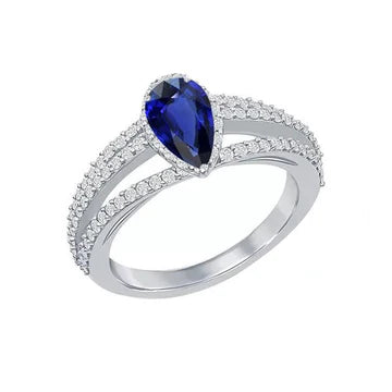 Anello di fidanzamento con diamante. Pera. zaffiro blu naturale. 2,50 carati con oro bianco 14K