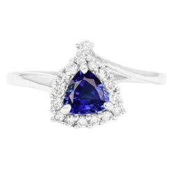 Anello di fidanzamento con diamante Halo Trillion 2 carati zaffiro blu intenso con oro bianco 14K