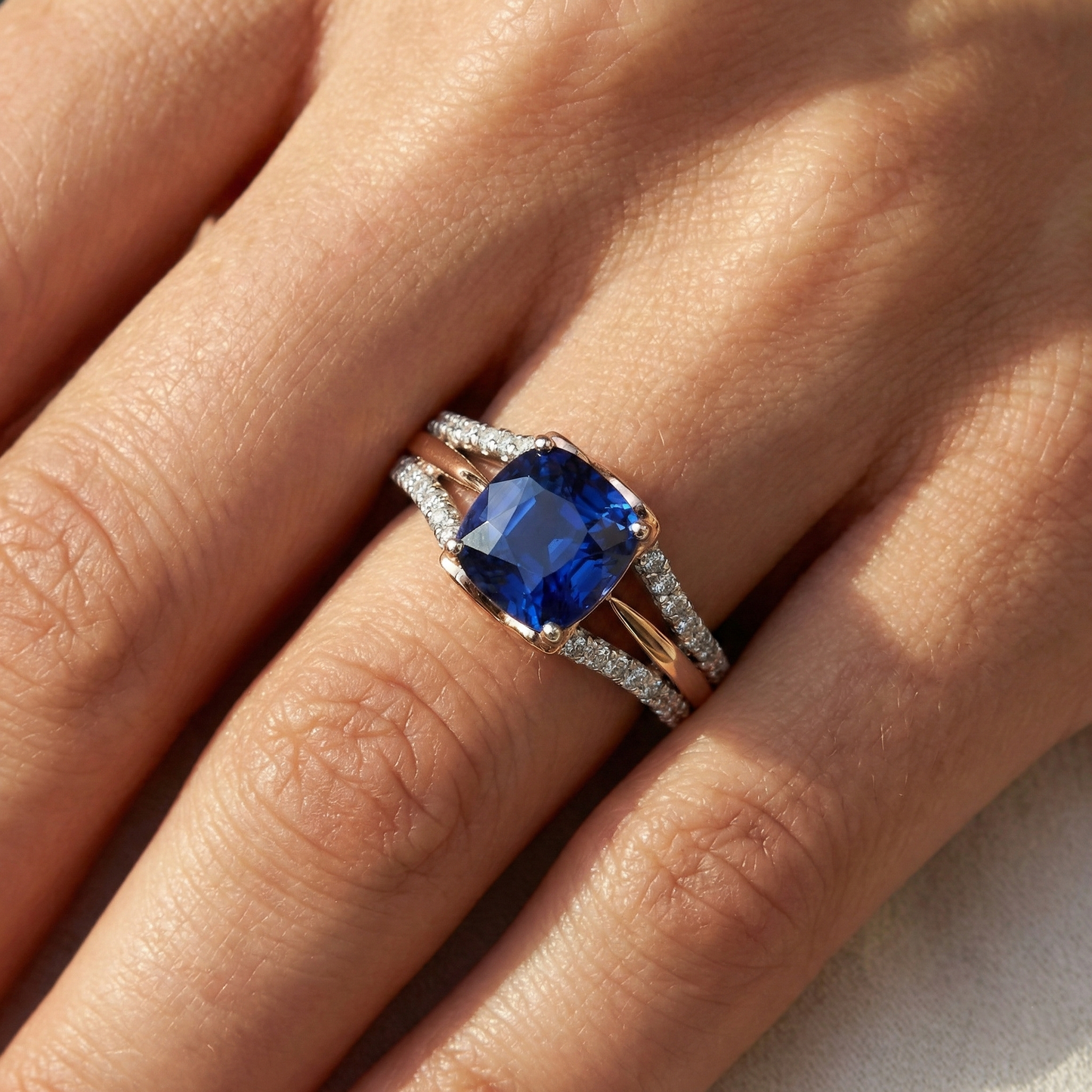 Anello di fidanzamento con diamante bicolore con cuscino zaffiro blu 2.50 carati