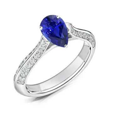 Anello di fidanzamento con pietre preziose, zaffiro blu pera a 2 carati con oro bianco 14K