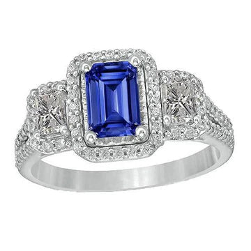 Anello doppio alone Zaffiro radioso blu 3,50 carati e diamanti tondi in oro bianco 14K