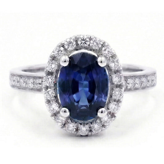 Anello in oro bianco 14K con zaffiro blu di Ceylon e diamanti da 2,50 carati