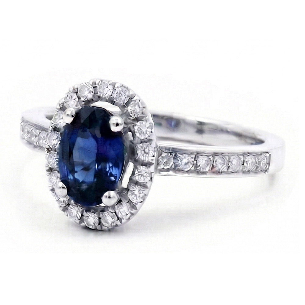 Anello in oro bianco 14K con zaffiro blu di Ceylon e diamanti da 2,50 carati