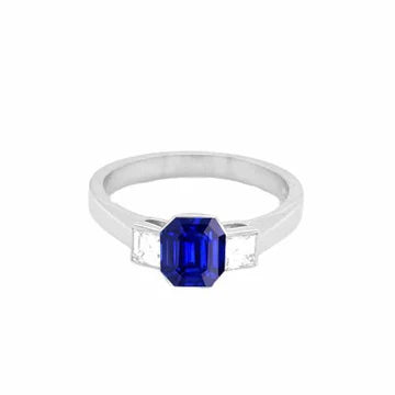 Anello in oro bianco 14K con zaffiro blu smeraldo e diamanti Princess da 1,50 ct