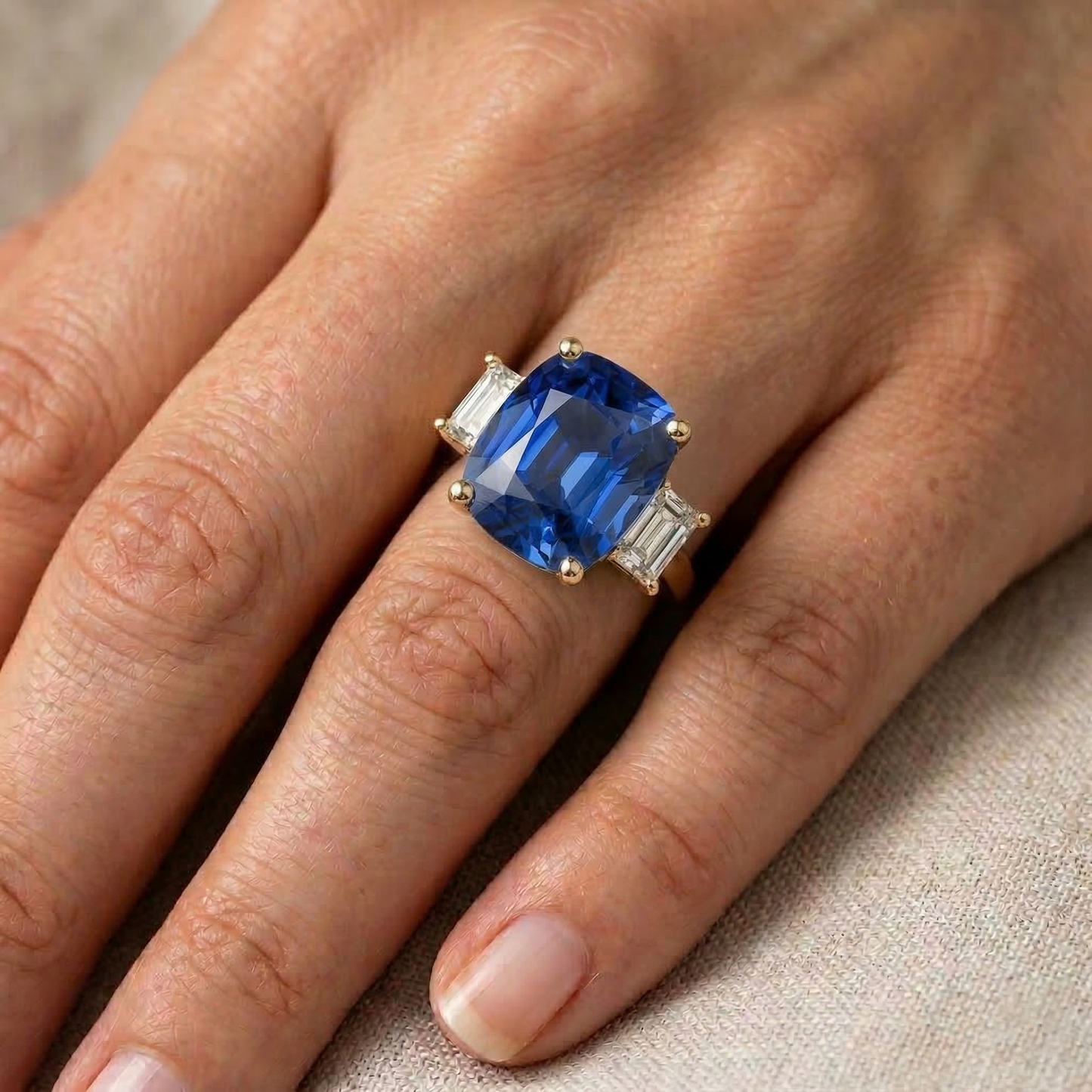 Anello in oro giallo con 3 pietre a cuscino con zaffiro di Ceylon e diamanti 9 carati