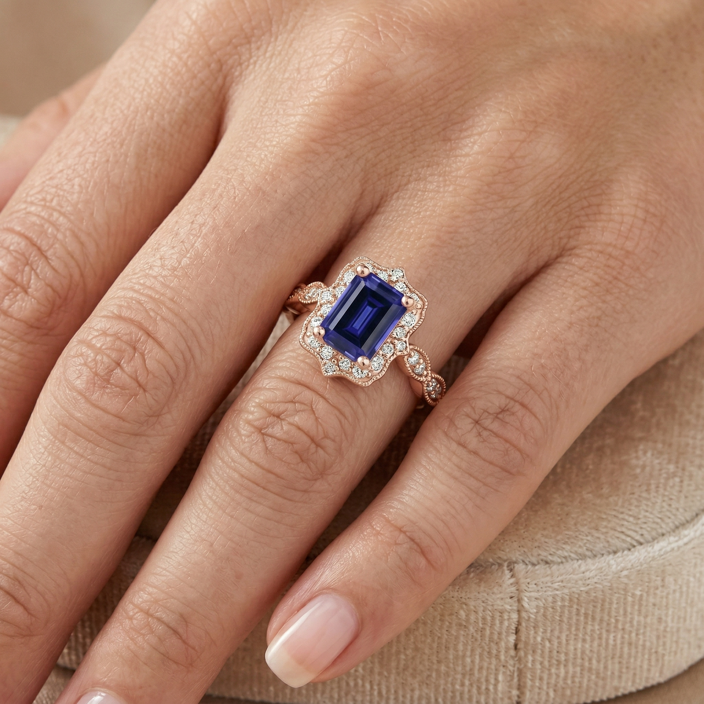 Anello in stile antico con zaffiro blu e diamante con pietra preziosa 3 carati