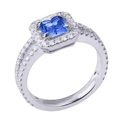 Anello in zaffiro radiante con diamante Halo. doppio stelo. Oro bianco 3 carati e 14K