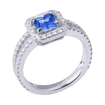 Anello in zaffiro radiante con diamante Halo. doppio stelo. Oro bianco 3 carati e 14K