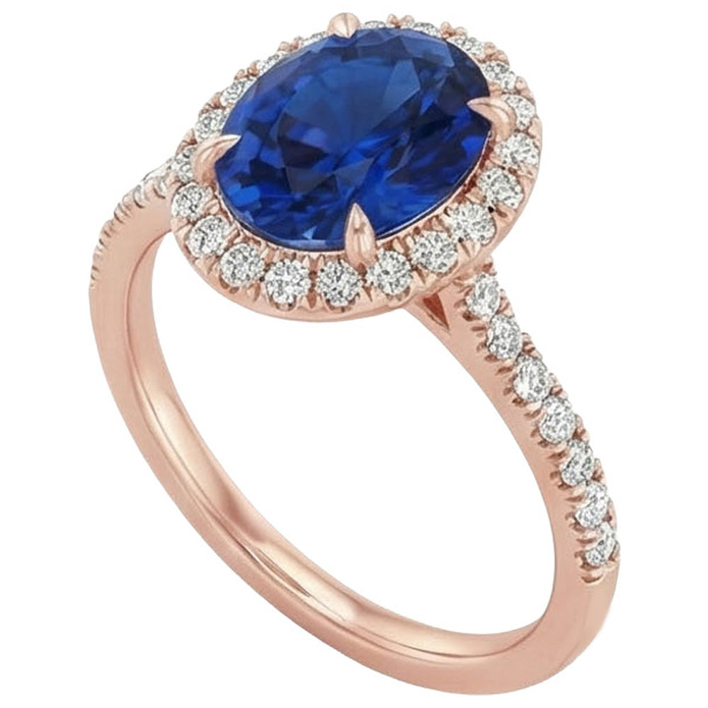 Anello ovale con zaffiro e diamanti. 8 carati. gioielli in oro rosa 14K