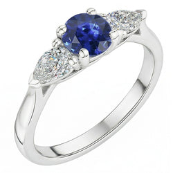 Anello rotondo in zaffiro blu naturale con tre pietre di diamante a forma di pera da 1,50 carati e oro bianco 14K