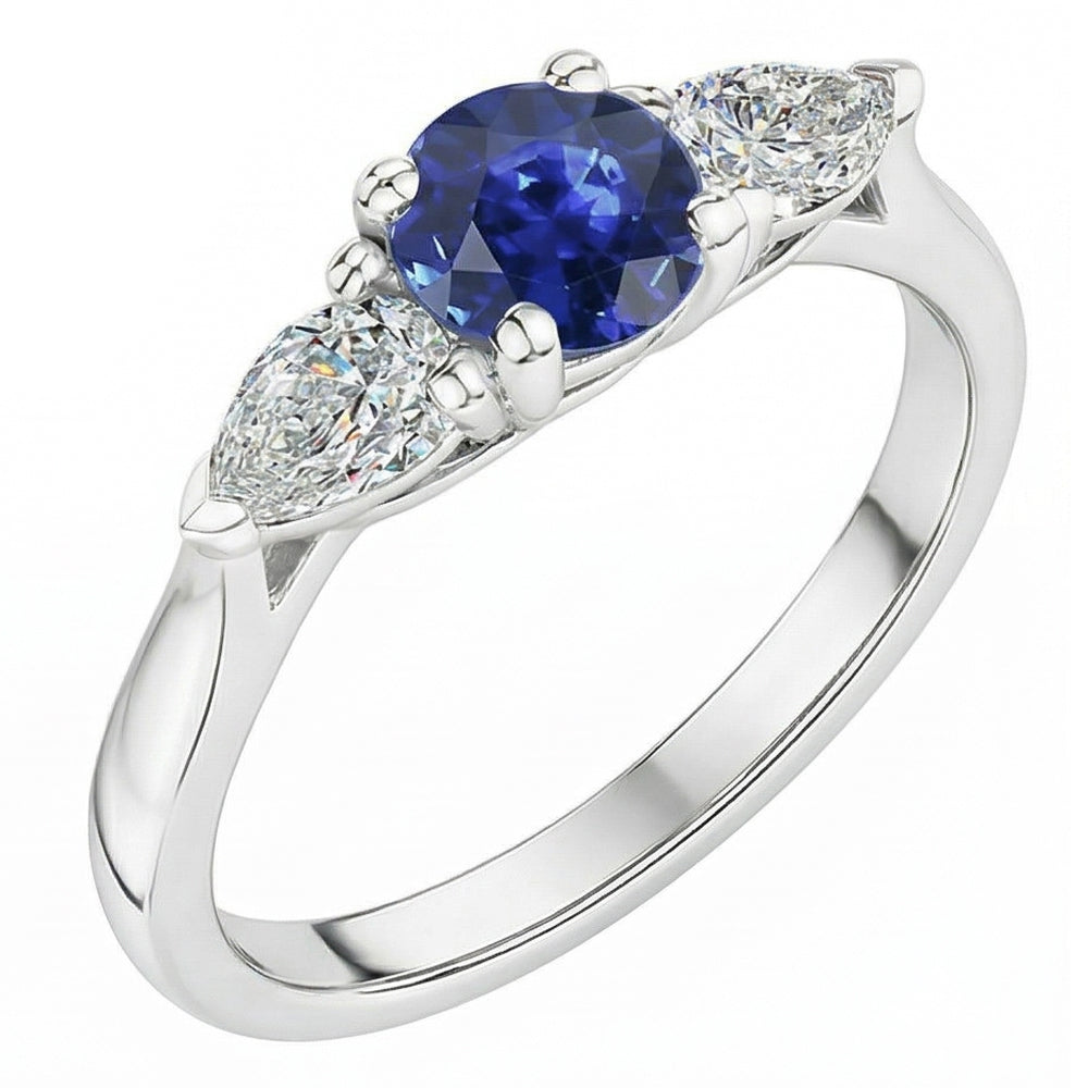 Anello rotondo in zaffiro blu naturale con tre pietre di diamante a forma di pera da 1,50 carati e oro bianco 14K